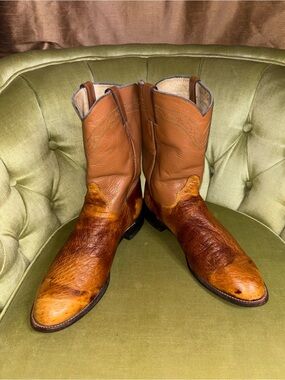 Rare Justin Ostrich Roper Western Cowboy Boots Style 3022 Cognac Size 10.5D